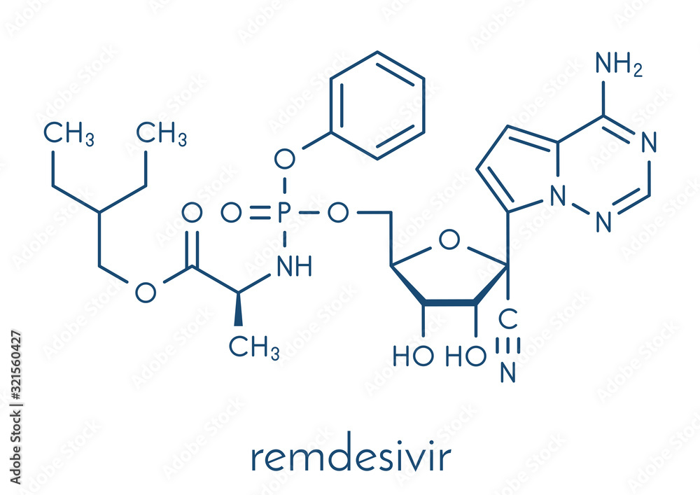 Remdesivir antiviral drug molecule. Skeletal formula. Remdesivir antiviral drug molecule. Skeletal formula.