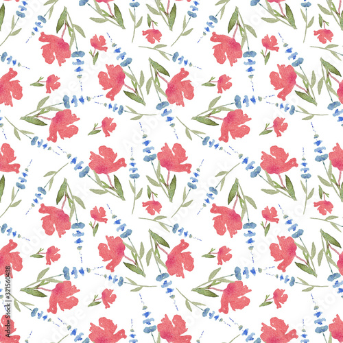 Seamless pattern of watercolor red flowers on a white background. Use for menu, weddings, invitations and birthdays