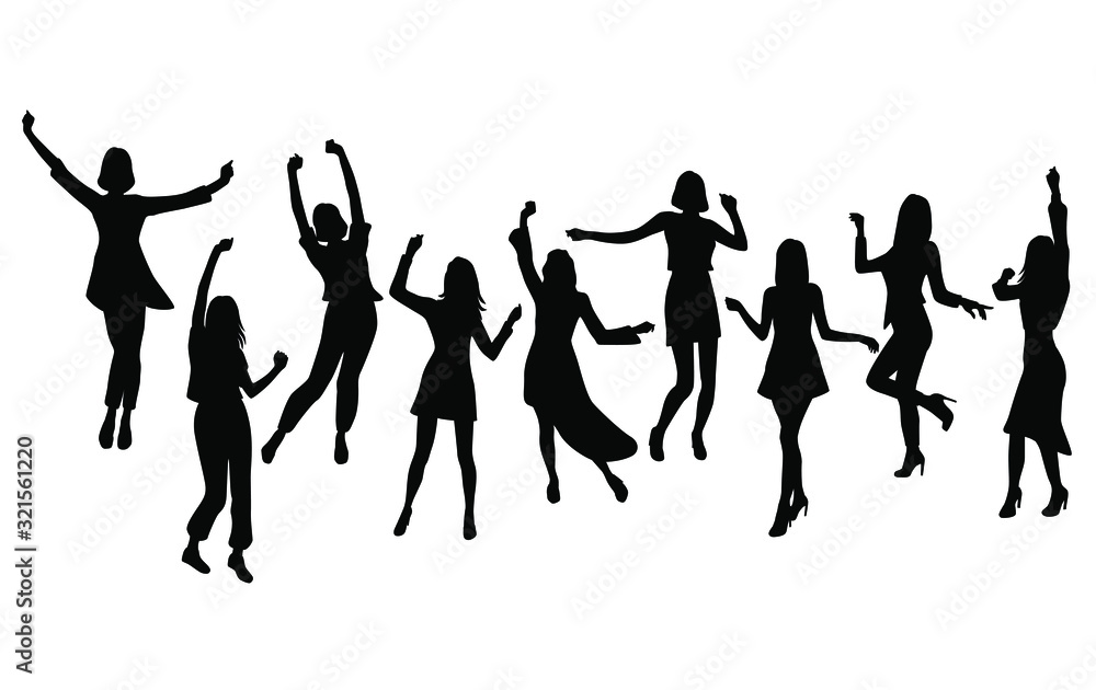 Silhouette of a group of young joyful happy women dancing with their hands raised. Happy girls in different poses. Vector, black color isolated on a white background