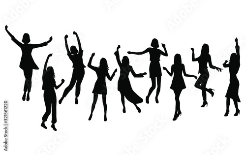 Silhouette of a group of young joyful happy women dancing with their hands raised. Happy girls in different poses. Vector  black color isolated on a white background
