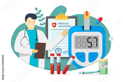 Doctor with glucometer for measuring sugar level and diabetes medical diagnosis blank. Diabetic blood glucose meter with pills and test tubes. Laboratory test equipment and syringe illustration