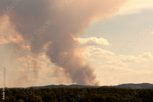 Bush fire smoke in a valley in The Blue Mountains in Australia