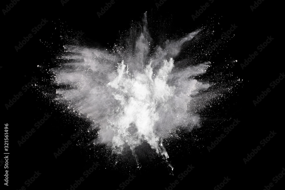 Naklejka premium White powder explosion on black background. Colored cloud. Colorful dust explode. Paint Holi.