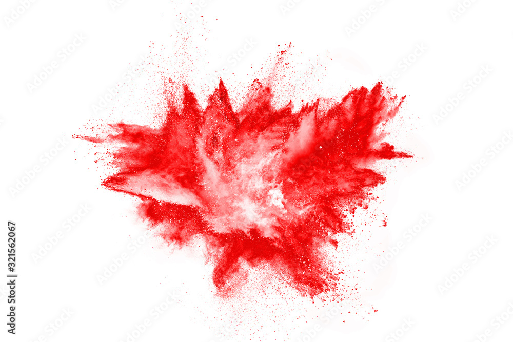 Freeze motion of red powder exploding, isolated on white background. Abstract design of red dust cloud. Particles explosion screen saver, wallpaper