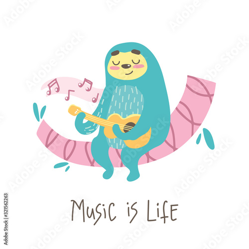 cute cartoon sloth plays guitar sitting on a tree branch . hand drawn lettering quote -  music is life. colorful cartoon animal illustration