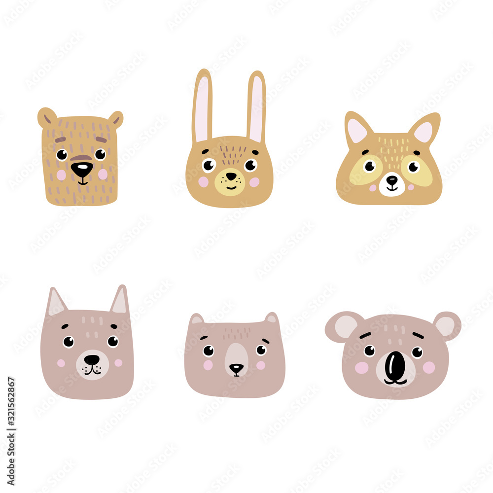Set of 6 heads of cute flat vector animals in delicate Scandinavian colors: polar bear, wolf, brown bear, koala, hare, raccoon