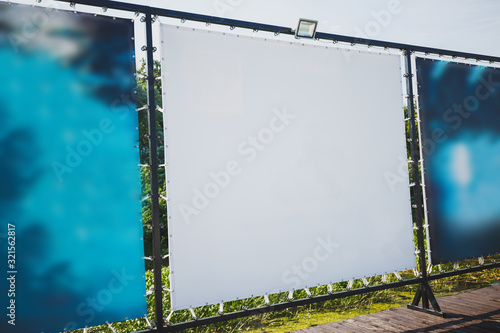 Advertising design of three banners. Canvas stretched on a metal frame. Empty space.