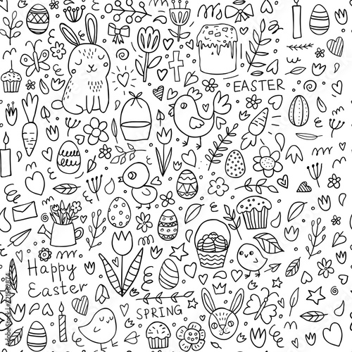 Easter seamless doodle background and spring elements: chickens, eggs, flowers, tulips and Easter rabbits