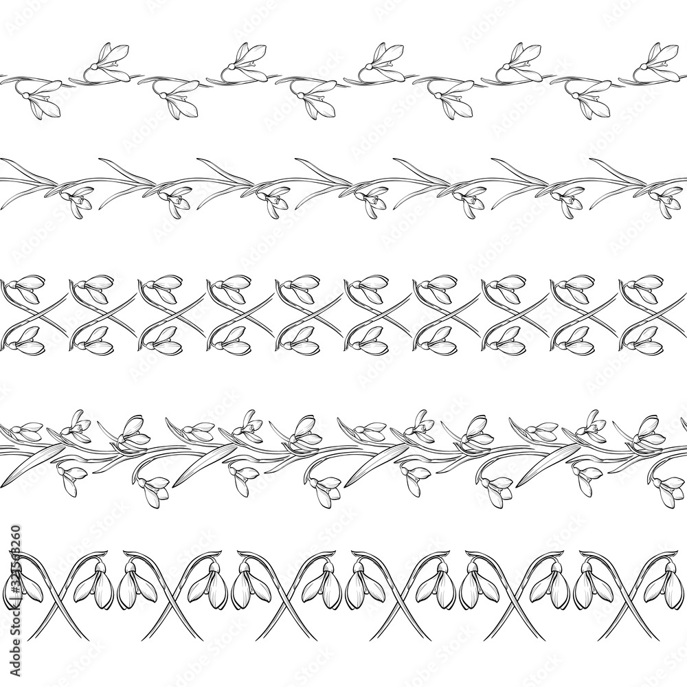 Floral black and white seamless border Collection in line style. Set of cute retro snowdrops elements for frame Floral black and white seamless border Collection in line style. Set of cute retro snowdrops elements for frame