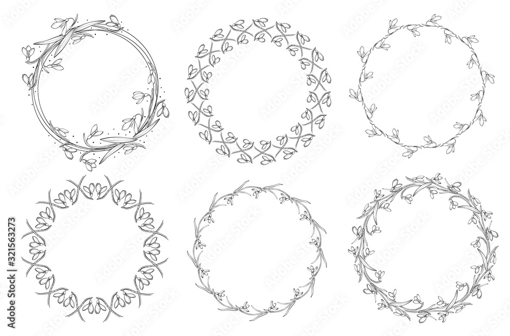Floral black and white Frame Collection in line style. Set of cute retro snowdrops arranged un a shape of the circle Floral black and white Frame Collection in line style. Set of cute retro snowdrops arranged un a shape of the circle