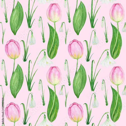 Seamless pattern with Snowdrop and tulip spring easter flowers with green leafs. Hand painted Fabric texture with Delicate Snowdrops, tulips Watercolor illustration on pink background. Spring simbols