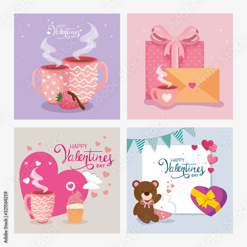 set cards happy valentines day with decoration vector illustration design