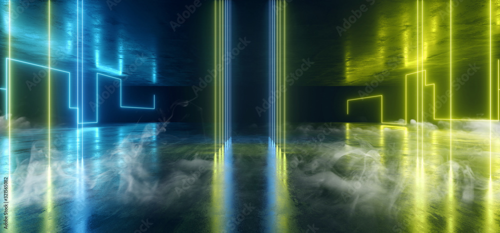 Naklejka premium Smoke Fog Neon Lights Lasers Lines Beams Dark Glowing Green Yellow Blue Sci Fi Futuristic Cyber Virtual Stage Podium Catwalk Pantone Hall Party Club Concrete 3D Rendering