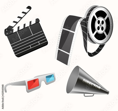 Camera cinema stereo glasses clapper and megaphone for film production vector realistic pictures.