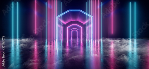 Smoke Fog Neon Lights Lasers Lines Beams Dark Glowing Purple Blue Sci Fi Futuristic Cyber Virtual Stage Podium Catwalk Pantone Hall Party Club Concrete 3D Rendering