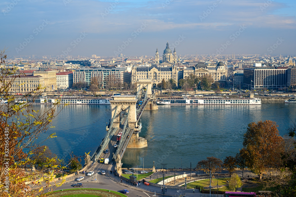 Budapest City View with Szechenyi Chain Bridge and Danube River. Budapest, Hungary