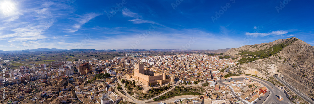Aerial panoramic view of Villena in Spain with Atayala medieval restored castle