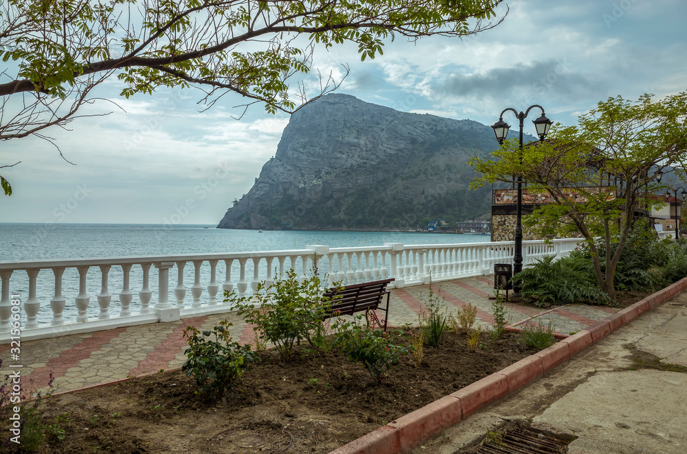 Mount Koba Kaya and Green Bay in the New World. Walking embankment. Republic of Crimea