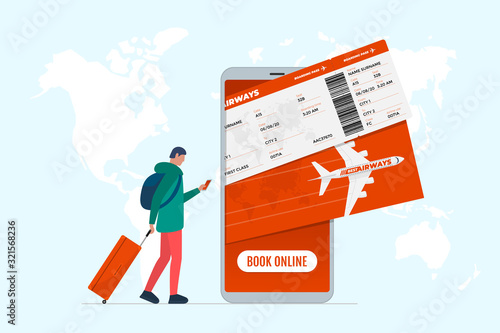 Online flight booking service concept. Young man with suitcase luggage book airplane travel on smartphone. Plane ticket reservation mobile app on world map vector illustration