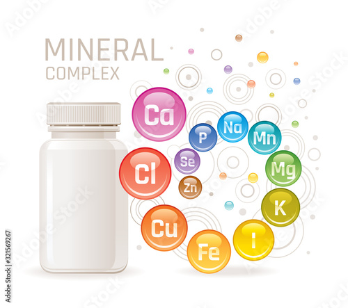 Multi mineral vitamin complex supplement. 3d mockup with empty bottle minerals. Calcium iron zinc selenium iodine magnesium. Trendy health multivitamin complex poster. Icon isolated white background photo