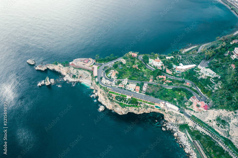 Aerial Drone View of Taormina coastline, Sicily Italy. Beautiful Image of Mediterranean Sea seen from above
