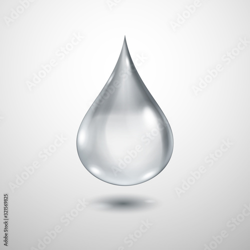 One big realistic translucent water drop in gray colors with shadow
