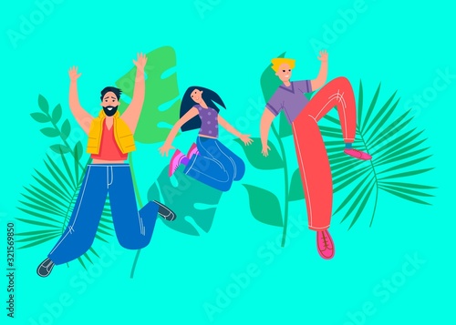 Happy group of people jumping on a white background. The concept of friendship, healthy lifestyle, success. Vector illustration in a flat style