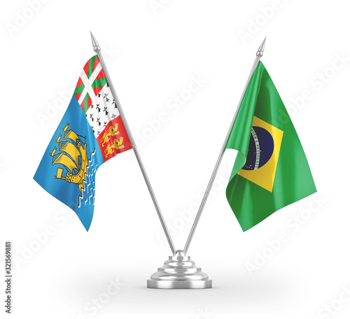 Brazil and Saint Pierre and Miquelon table flags isolated on white 3D rendering photo