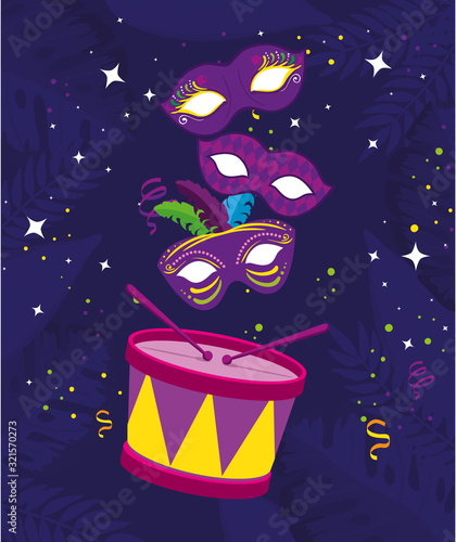 Mardi gras masks and drum design, Party carnival decoration celebration festival holiday fun new orleans and traditional theme Vector illustration