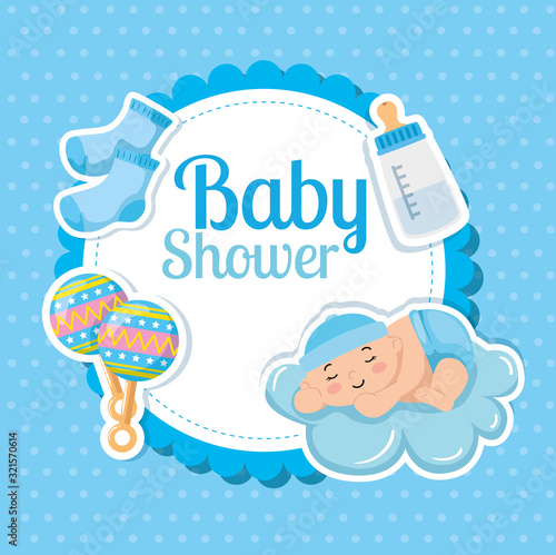 baby shower card with cute little boy and decoration vector illustration design