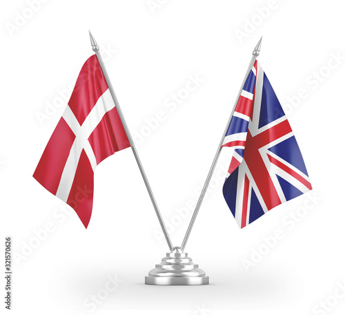 United Kingdom and Denmark table flags isolated on white 3D rendering