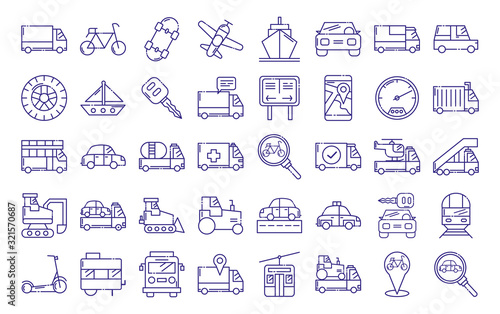 Vehicles icon set design, Transportation travel trip urban motor speed fast automotive and driving theme Vector illustration