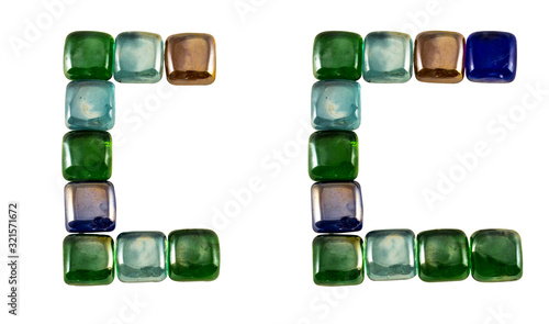 Isolated Font English or Latin Letter C made of glass decorative squares on white background