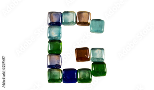 Isolated Font English or Latin Letter G made of glass decorative squares on white background