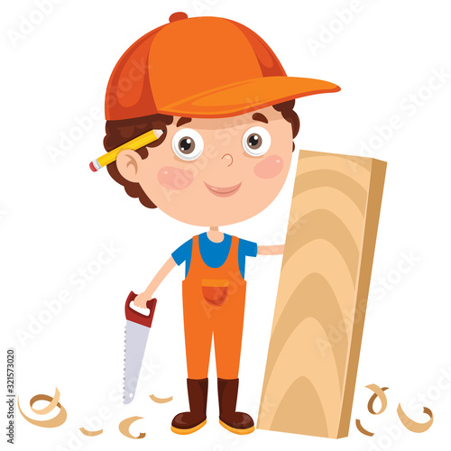 Little Cartoon Carpenter Working With Woods