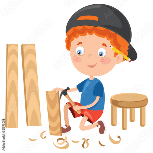 Little Cartoon Carpenter Working With Woods