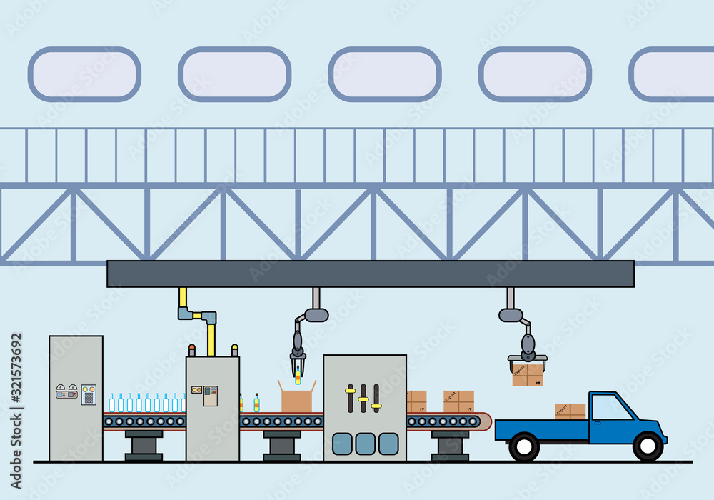 Industry technology concept.Efficient smart factory with workers, robots and assembly line, industry 4.0 Industry technology concept.Efficient smart factory with workers, robots and assembly line, industry 4.0
