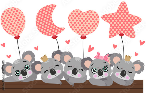 Canvas Print Set lovely koalas with party balloons