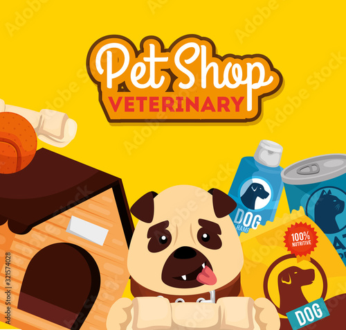 pet shop veterinary with little dog and icons vector illustration design