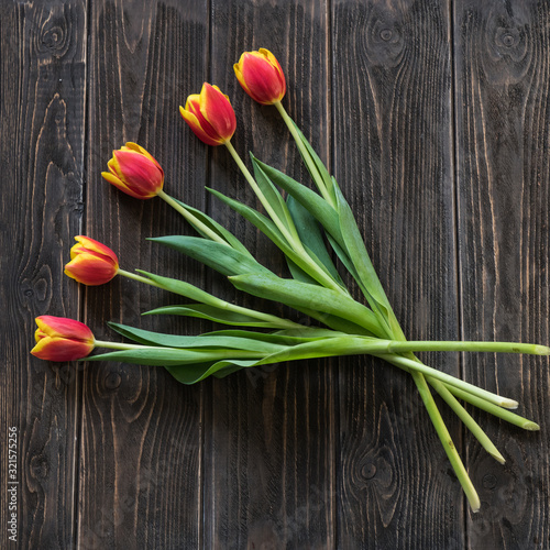 Five tulips on wood  above view 