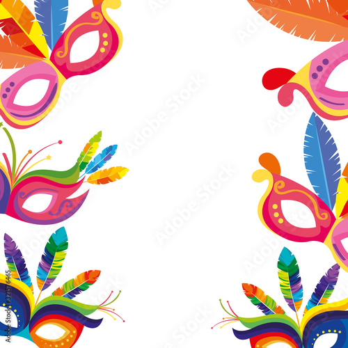 frame of masks carnival with feathers vector illustration design
