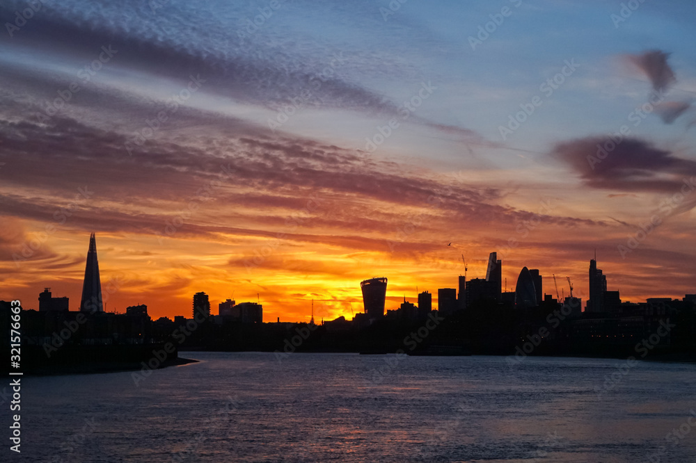 Beautiful sunset with silhouette of  London city in England United Kingdom UK