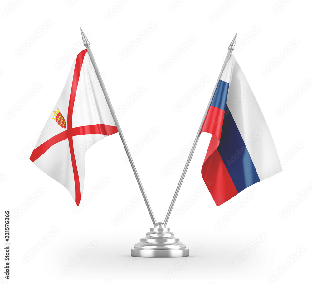 Russia and Jersey table flags isolated on white 3D rendering Russia and Jersey table flags isolated on white 3D rendering