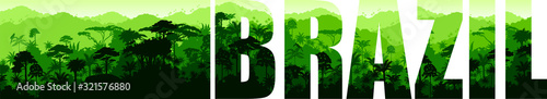 Vector panorama with jaguar, macaw and toucan in Jungle Rainforest - Brazil, South America