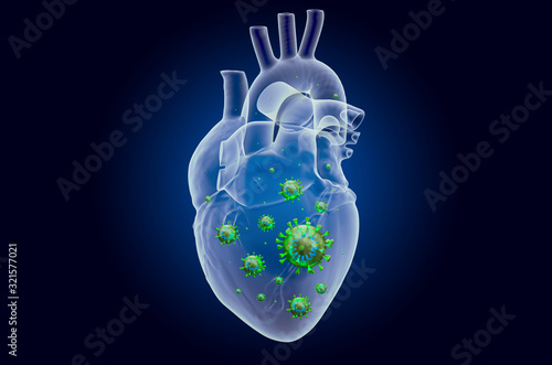 Heart with virus, ghost light effect, x-ray hologram. 3D rendering photo