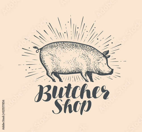 Butcher shop logo or label. Farm animal, pig sketch vintage vector