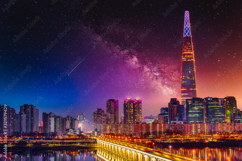 custom made wallpaper toronto digitalSeoul Subway and Seoul City Star Skyline at night and Han river, South korea.