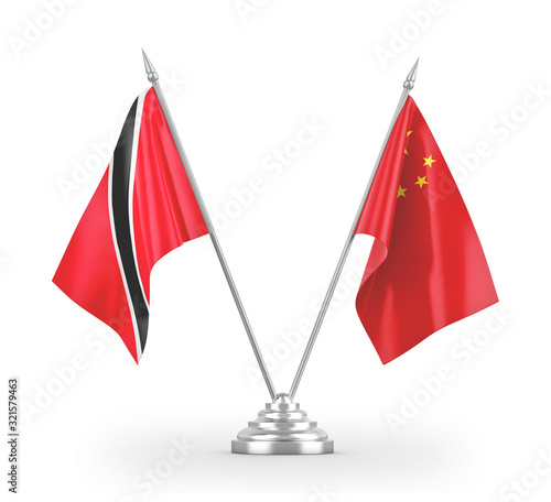 China and Trinidad and Tobago table flags isolated on white 3D rendering