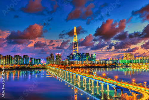 Photography Seoul Subway and Seoul City Skyline at Han river, South korea.