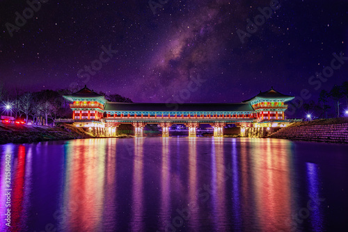 Woljeong Bridge  at night and sky star of Gyeongju city, South Korea.
